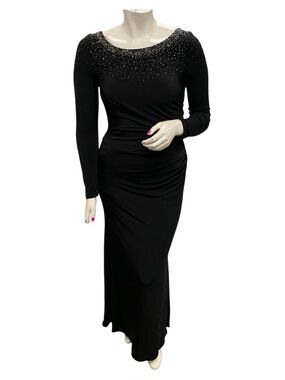 JS Boutique NWT Black Long-Sleeve Maxi Dress with Crystal-Studded Neckline S12